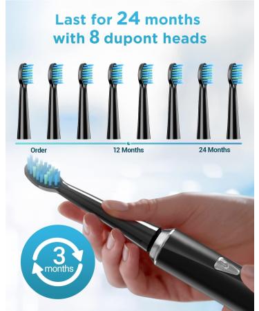 Rechargeable Sonic Electric Toothbrush Set for Adults | 5 Modes, 8 Replacement Heads | Fast Charge, Smart Timer | Deep Cleaning | Black - 9 Piece Set - Buy Online on GoSupps.com