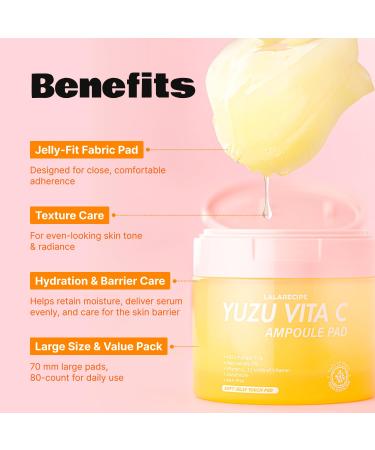 LALARECIPE Yuzu Vitamin C Toner Pads 71% Yuzu Extract with 5% Niacinamide & 12 Vitamins Exfoliating with Glutathione AHA PHA For All Skin Types Korean Skin Care 80 Pads (5.07 Fl Oz) - Buy Online on GoSupps.com
