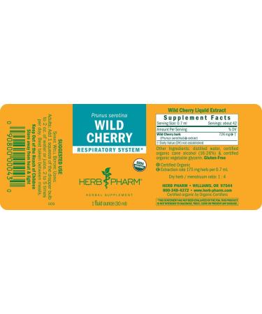 Herb Pharm Certified Organic Wild Cherry Bark Liquid Extract for Respiratory Support - 1 Ounce (DWCHER01) 1 Fl Oz (Pack of 1) - Buy Online on GoSupps.com