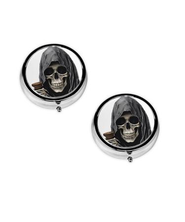 Grim-Reaper Printed Mini Round Pill Box Pill Box 3 Compartment Medicine Pill Case Pill Organizer Travel Pillbox Portable Pill Box for Pocket Home Office Use