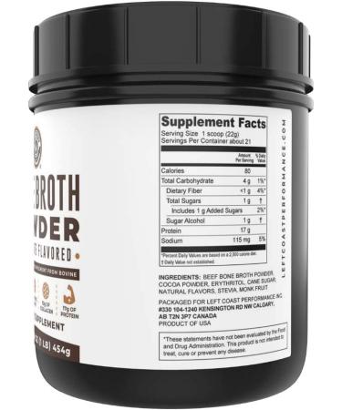 Grass-Fed Chocolate Bone Broth Protein Powder 1 lb | Non-GMO Ingredients | Gut-Friendly & Dairy-Free | Left Coast Performance - Buy Online on GoSupps.com