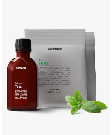 Zahnheld toothbrush tablets Starterset MINT fluoride -free (2 bags of 125 tabs + glass) super -glatted teeth through cellulose and silica mint taste plaque & caries protection vegan natural cosmetics without fluoride