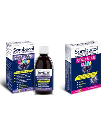 Sambucol Black Elderberry for Kids 120 Milliliter & Black Elderberry Cold & Flu Kids | Relieves Cold & Flu Symptoms | Immune Support & Antioxidant | Gluten Free | 24 Chewable Tablets blue SUPPLEMENT + MEDICATION