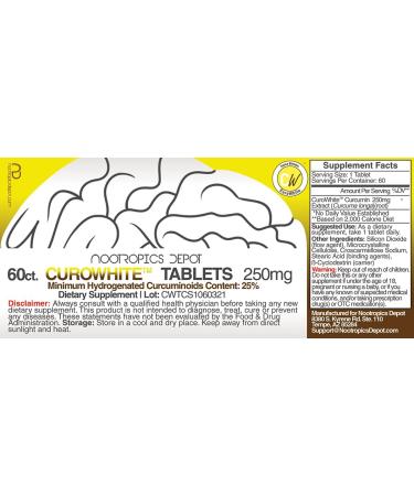 Nootropics Depot CuroWhite Curcumin Extract Tablets | 250mg | 60 Count | Highly Bioavailable Curcumin Extract | Minimum 25% Curcuminoid Content | Tetra Hexa and Octa Hydro Curcuminoids Combination 60 Count (Pack of 1) - Buy Online on GoSupps.com