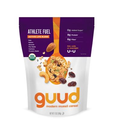 GUUD Athlete Fuel Active Life Blend Organic Muesli Cereal, 12 Ounce, Oats, Raisins, Almonds, Flax Seeds, Cashews, Pumpkin Seeds, Vegan, Non-GMO Certified, Kosher Athlete Fuel 12 Ounce (Pack of 1)