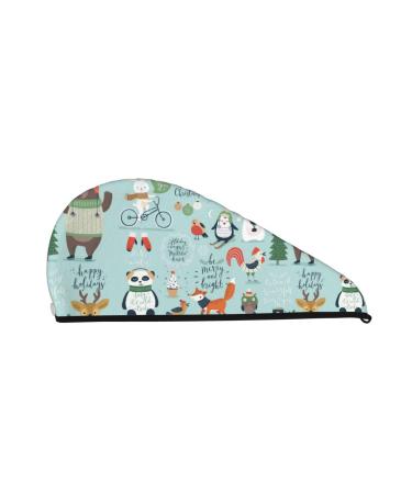 Hair Towel Wrap Hair Drying Towel with Button Towel Turban Head Towel to Dry Hair Quickly (Christmas Winter Animals)