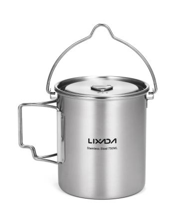 Lixada Camping Cup Pot 750ml Stainless Steel Water Cup Mug with Foldable Handles and Lid for Outdoor Camping Hiking Backpacking