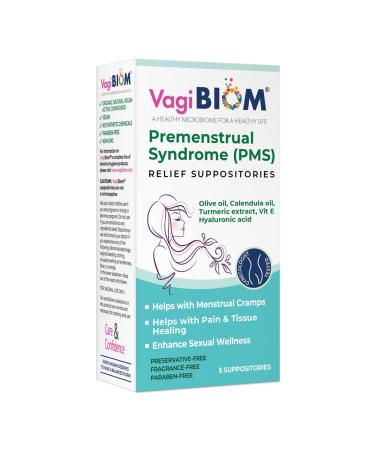 VagiBiom Menstrual Relief Suppositories (5 Suppositories) with Calendula Oil Cocoa Butter Turmeric and VIT E That Helps with Period Cramp Mood Swings. Tissue Healing. USA Made Vegan Hormone-Free