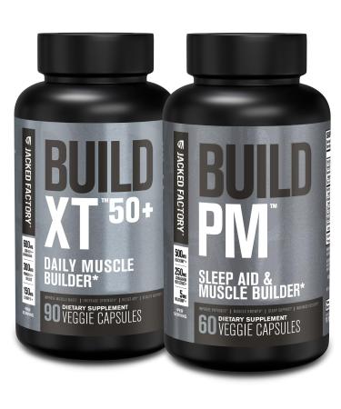 Jacked Factory Build-XT 50+ Daily Muscle Builder (90 Capsules) & Build PM Night Time Muscle Builder & Sleep Aid (60 Capsules) for Muscle Growth Vitality & Recovery