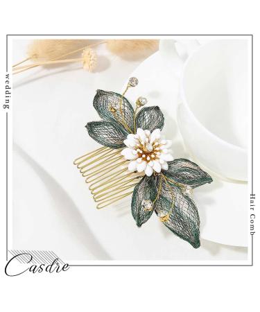 Gold Leaf Flower Bride Wedding Hair Comb Crystal Hair Accessories for Women (Green) - Buy Online on GoSupps.com