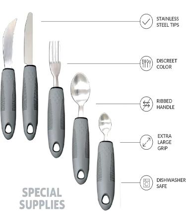 Easy Grip Extra Wide Handles Cutlery Set for Elderly and Disabled - Ideal Dining Aid for Arthritis, Parkinson's, and Tremors (5PCS Gray) - Buy Online on GoSupps.com