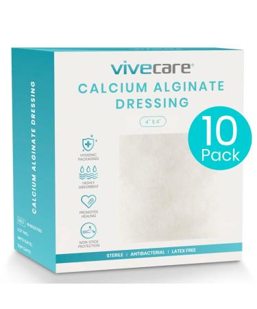 ViveCare Calcium Alginate Wound Dressing (10 Pack) - Individually Wrapped Sterile Gauze Pads - Absorbent Sterile Patches for Ulcer Bed Sore G Tube & Diabetic Foot - Non-Stick Burn Treatment 4 x 4 (10 Pack)
