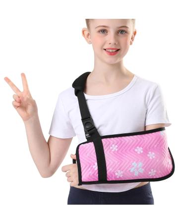 Kids Arm Sling for Shoulder Immobilizer Injury with Rotatable Buckle Cute Embossed Printed Fabric Arm Brace for Girls Medical Shoulder Brace for Children (Pink Small) Small Pink