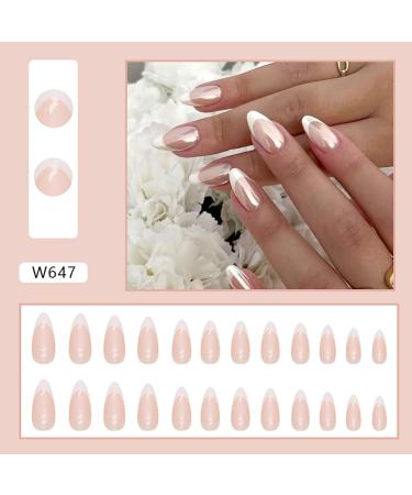 White French Tip Press On Nails - Almond Pink Chrome Design Full Cover Long Acrylic False Nails for Women & Girls - 24 Pcs - Buy Online on GoSupps.com