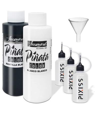 Jacquard Pinata Blanco and Mantilla Black Bundle - Black and White Colors (4-Ounce Bottles), 3 Pixiss 20ml Needle Tip Applicator and Refill Bottles and 1.5 inch Funnel Bundle for Yupo and Resin Blanco & Black