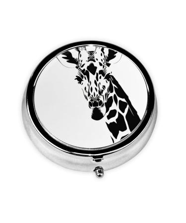 Black and White Giraffe Portable Metal Pill Box Round Mini 3-Compartment Plastic Insert hinged Fastening Design Suitable for Small Pills Must-Have for Travel