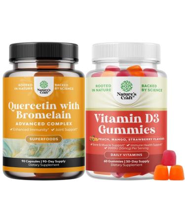 Bundle of Pure Quercetin with Bromelain Supplement + 500mg Capsules for Immune Support & Breathing and Vitamin D3 Gummies for Daily Wellness with 2000IU per Serving for Bone & Muscle Support