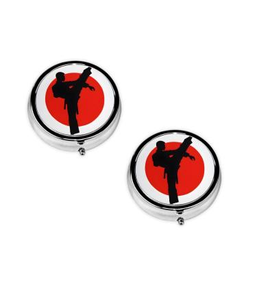(Taekwondo Design) Round Pill Box 3 Compartment Pill Box Mini Decorative Pocket Purse Portable Travel Medicine Tablet Vitamin Holder Organizer Pill Case Black