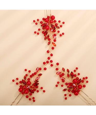 Chargances Bride Red Pearl Beaded Hair Pins Wedding Red Crystal Hair Pins Boho Dainty Handmade Hair Accessories for Women and Girls (Red) - Buy Online on GoSupps.com