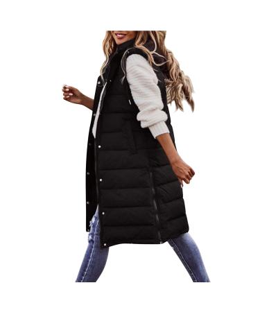 Long Jacket Vest for Women Lightweight Casual Sleeveless Hoodie Down Coats Fall Winter Cardigan Outwear Black-2 X-Large