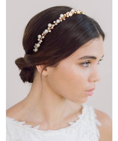 SWEETV Gold Pearl Tiara Headband for Women - Crystal Bridal Wedding Hair Accessory - Buy Online on GoSupps.com