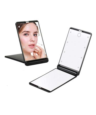 Feruaro Travel Mirror  Portable LED Lighted Makeup Mirror with 8 Dimmable Led Lights  Touch Switch Travel Makeup Mirror  Folding Compact Mirror 1X & 2X Magnification Black