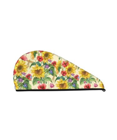 Hair Towel Wrap Hair Drying Towel with Button Towel Turban Head Towel to Dry Hair Quickly (Sunflower Cornflower Poppy)