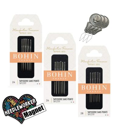 Bohin Tapestry Needles - Sizes 24, 26, 28 with Needle Threaders - 4-pc Bundle Plus Decorative 'Needleworker' Magnet