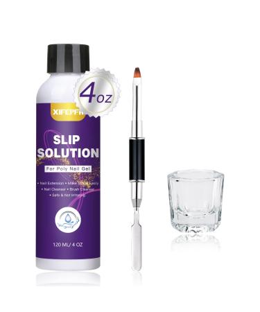 XIFEPFR Poly Gel Slip Solution, 120ml Slip Solution for Polygel Nails Anti-stick Poly Extension Gel Liquid Slip Solution Set with Dual-Ended Brush & Glass Cup Easy DIY Poly Gel Nail Art