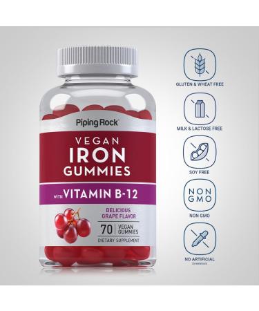 Piping Rock Vegan Iron Gummies Supplement | 70 Count | with Vitamin B-12 | Delicious Grape Flavor | Non-GMO Gluten Free - Buy Online on GoSupps.com