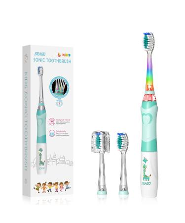 Kids Electric Toothbrushes Sonic Toothbrush, Soft Battery Powered Tooth Brush with Smart Timer,Waterproof Replaceable Deep Clean for Kids(Age of 3+),Travel Toothbrush by SEAGO (977Green)