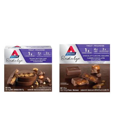 Atkins Endulge Treats Peanut Butter Cups 1g Sugar Keto-Friendly High Fibre - 10-Count & Endulge Treats Milk Chocolate Caramel Squares 1g Sugar Keto-Friendly High Fibre 15 count Peanut Butter Cups Endulge Treats + Endulge Treats
