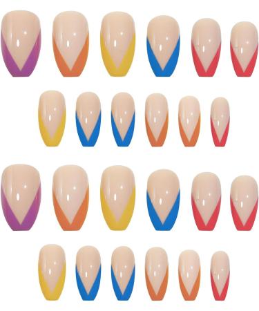 24pcs French Almond Press on False Nails with Glue - Multicolor French Style for Women and Girls Nail Art - Buy Online on GoSupps.com