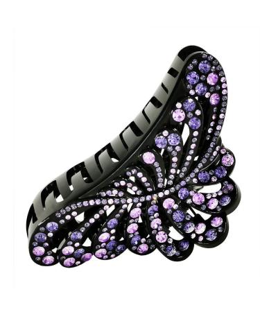 ARFINNE Big Hair Claw Clips With Purple Rhinestone 5 Inch Nonslip Leaf Plastic Extra Large Black Jumbo Jaw Clip for Women Strong Hold Thick and Long Hair Violet