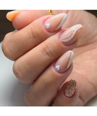 24Pcs French Tip False Nails Short Almond Press on Nails Gold Glitter Swirl Glossy Fake Nails with White Heart Design Acrylic Stick on Nails for Women and Girls White & Glitter Gold