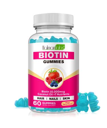 Biotin Hair Growth Supplement 10 000 mcg 60 Gummies - Chewable Supplement for Healthy Skin Hair & Nails - Hair Vitamins for Growth and Hair Loss with Coconut Oil Vitamin B6 C & E