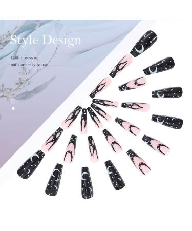 Vatocu Long Pink Flame Tai Chi Press-On Coffin Nails - 24 Pack Ballerina Acrylic Fake Nails for Women & Girls - Black & White Full Cover - Buy Online on GoSupps.com