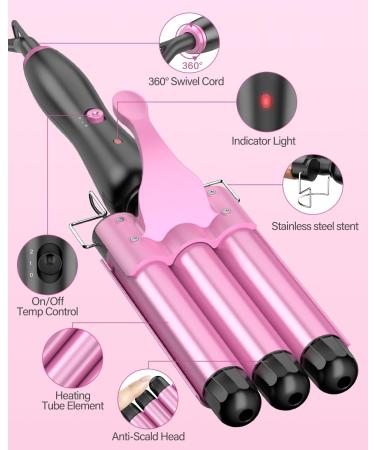 Buy 3 Barrel Curling Iron for Beach Waves - Fast Heating Temperature Adjustable Pink Curler with Gloves - Buy Online on GoSupps.com