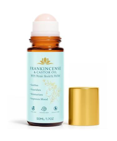 Frankincense and Castor Oil Roll On with Rose Quartz Delivers Silky Smooth Skin Feel Suitable for Face Neck Abdomen 50ML/1.7OZ(1 Pcs)