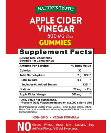 Nature's Truth Apple Cider Vinegar Gummies - 600 mg Vegan - 75 Count - Buy Online on GoSupps.com