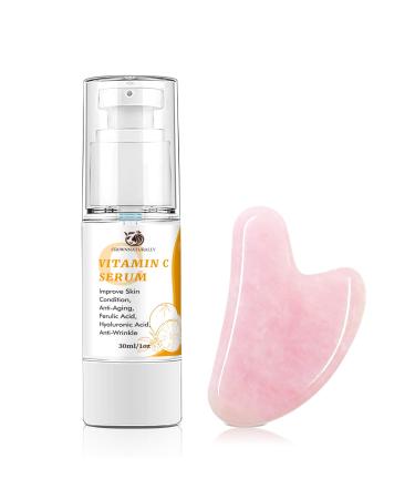 Skin Care Vitamin C Face Serum 1.05oz and Gua sha Facial Tool for Face with Hyaluronic Acid Hydrolyzed Collagen and Aloe Leaf Extract Anti-Aging Face Serum for Wrinkles & Dark Spot