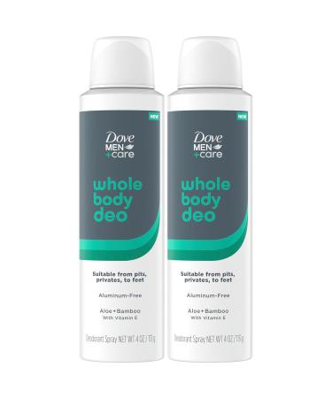 Dove Men+Care Whole Body Deo Aluminum-Free Deodorant Spray Aloe + Bamboo Suitable from Pits Privates to Feet 4 oz (Pack of 2)