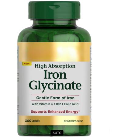 Nature Iron Glycinate 28mg Iron 300 Capsules with Vitamins C B12 & Folic Acid