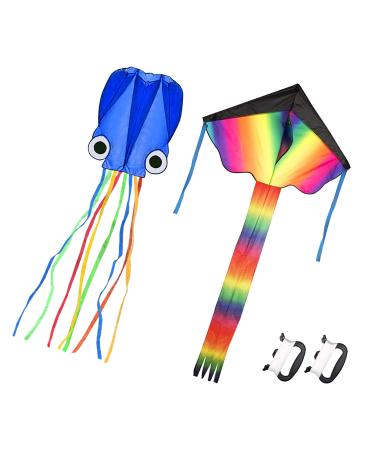 Homdipoo Rainbow Kite Mollusc Octopus Kite 2Pack Easy to Fly Kites for Kids Ages 4-8 and Kites for Adults Kite with 2Handle 300ft Kite String for Beginner Outdoor Beach Kite (MUL+Blue) Multicolour