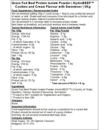 Grass Fed Beef Protein Isolate 95% - HydroBEEF | Cookies & Cream Flavour (5kg) Cookies & Cream 5kg - Buy Online on GoSupps.com