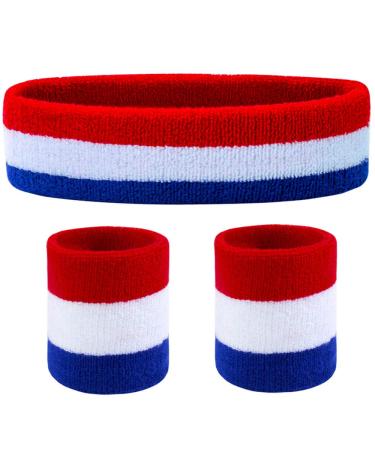 Favofit Headbands/Wristbands for Women Men Girls Boys for Gym Workout & Yoga, Super Comfy Sports Sweatbands for Football Baseball Basketball Soccer Boxing & Tennis, Sweat Out of Your Eyes & Wrists Red/White/Blue