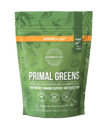 Super Greens Powder by Primal Harvest, 30 servings w/+50 Greens Superfood Chlorella, Probiotics, Green Tea, Wheatgrass, Kale, Turmeric, Green Superfood Powder for Energy - Primal Greens Green Powder