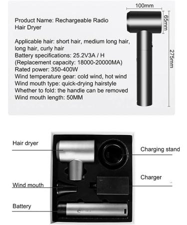 Hair Dryer 12 Wind/Temperature Modes Blow Dryer Mobile Power Rechargeable Travel Hairdryer for Outdoor/Indoor - Buy Online on GoSupps.com