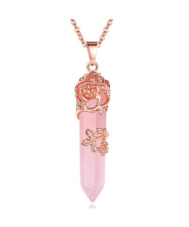 MAIBAOTA Rose Quartz Healing Crystal Point Necklace Flower Wrapped Natural Crystals Stone Pendant Necklaces Reiki Quartz Gemstone Jewelry for Women-Rose Gold Rose Quartz Crystal