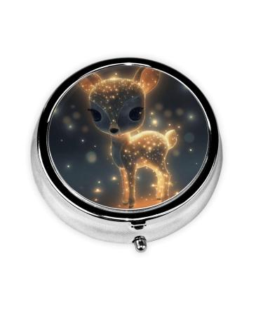 Glowing Cute Fawn Portable Metal Pill Box Round Mini 3-Compartment Plastic Insert hinged Fastening Design Suitable for Small Pills Must-Have for Travel